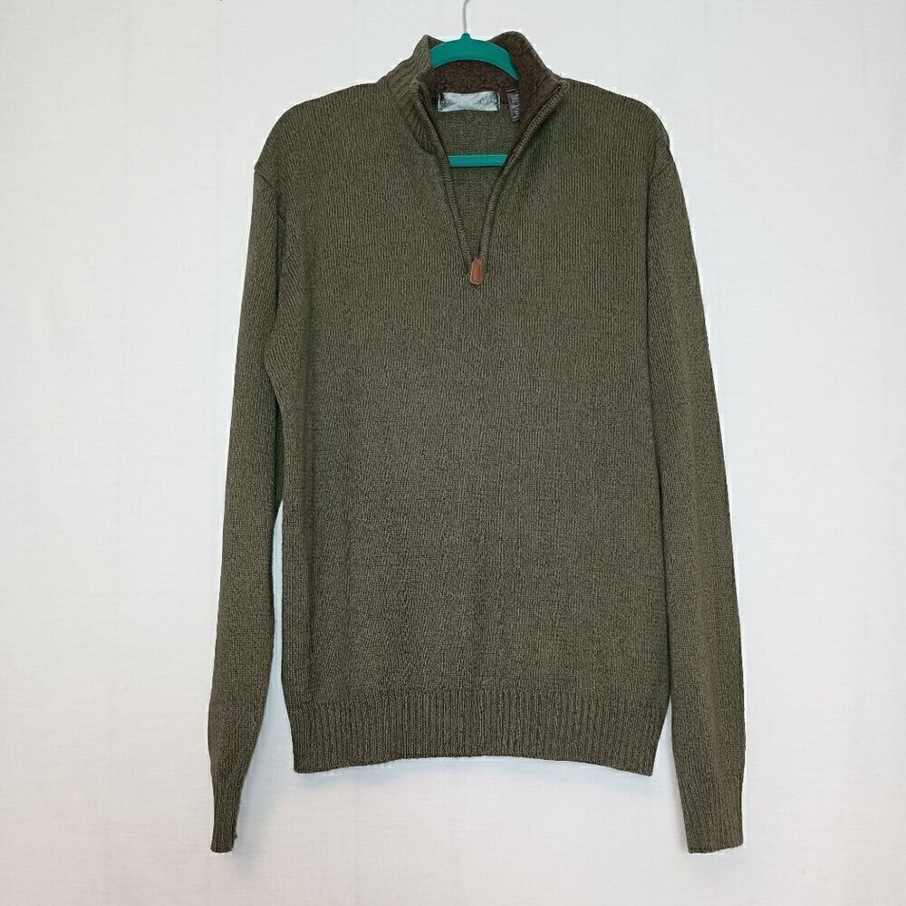 Oscar De La Renta 1/4 Zip Collared Pullover Men's Green Sweater Sherpa Collar Lg